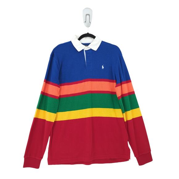 Polo Ralph Lauren Men M Rugby Terry Shirt Sapphire Star Multi Striped Relaxed